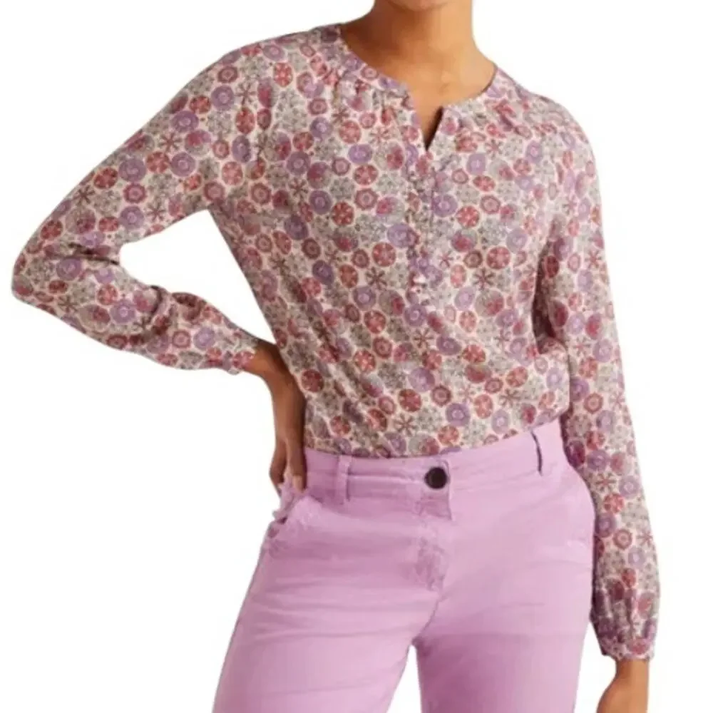Boden Natural White Patricia Floral Red Purple Popover Long Sleeve Top